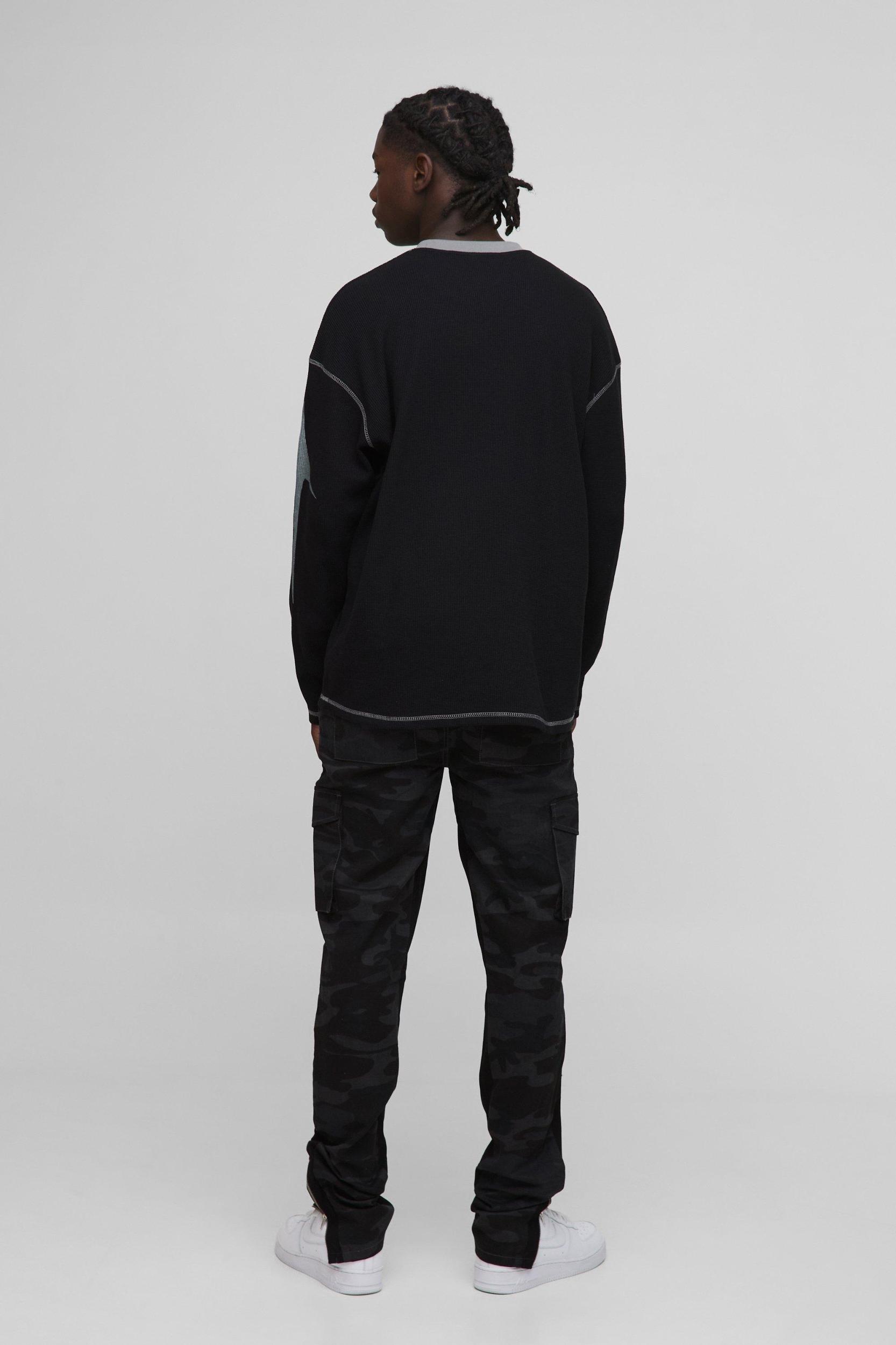 Oversized Long Sleeve Printed Waffle Sweatshirt | boohooMAN USA Product Image