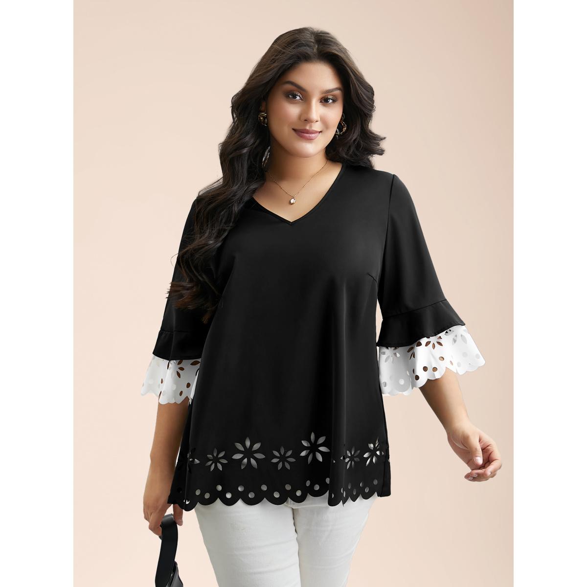Plus Size Black Laser Cut Color Contrast V-Neck Blouse Women At the Office Elbow-length sleeve V-neck Work Blouses BloomChic 18-20/2X Product Image