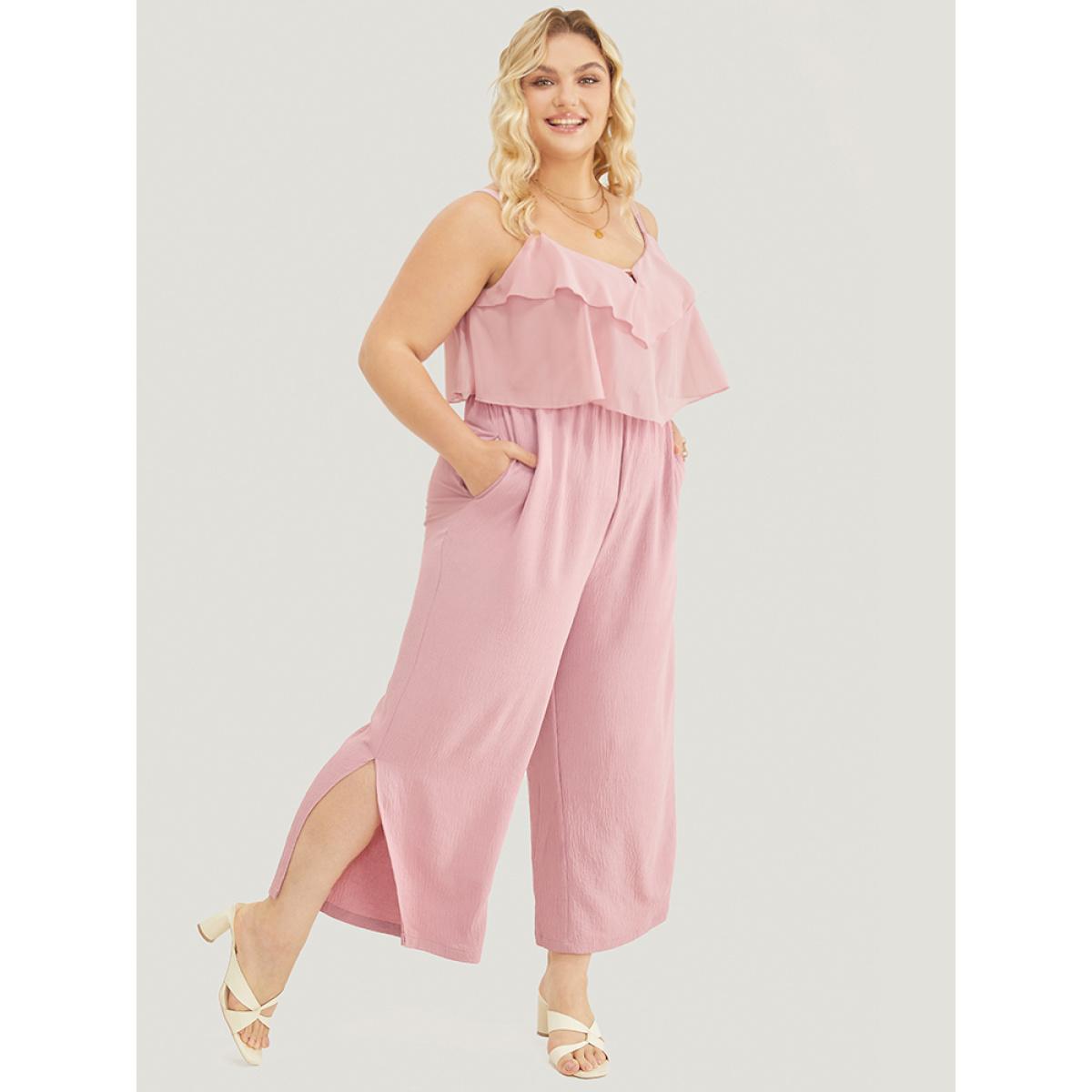Plus Size MistyRose Solid Ruffle Trim Pocket Split Hem Keyhole Cami Jumpsuit Women Elegant Sleeveless Spaghetti Strap Dailywear Loose Jumpsuits BloomChic 10/M Product Image