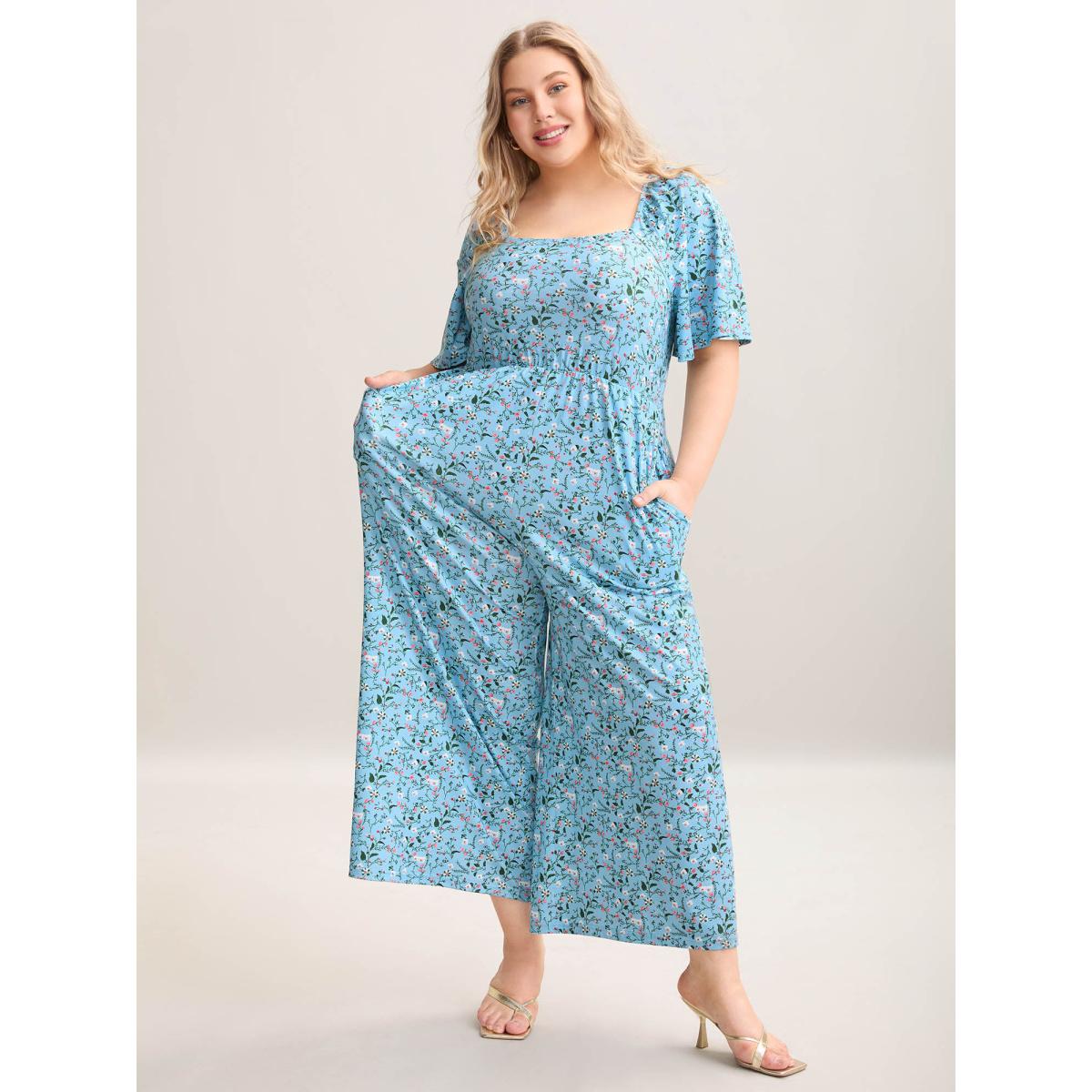 Plus Size Stone Floral Print Square Neck Knit Jumpsuit Women Elegant Short sleeve Square Neck Everyday-Elegant Loose Jumpsuits BloomChic 22-24/3X Product Image