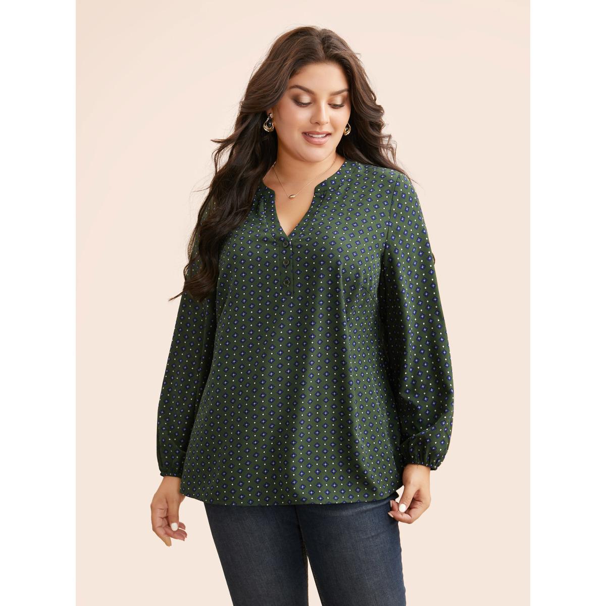 Plus Size ArmyGreen Notched Geometric Button Up Blouse Women At the Office Extra Long Sleeve Notched collar Office Blouses BloomChic 28/5X Product Image