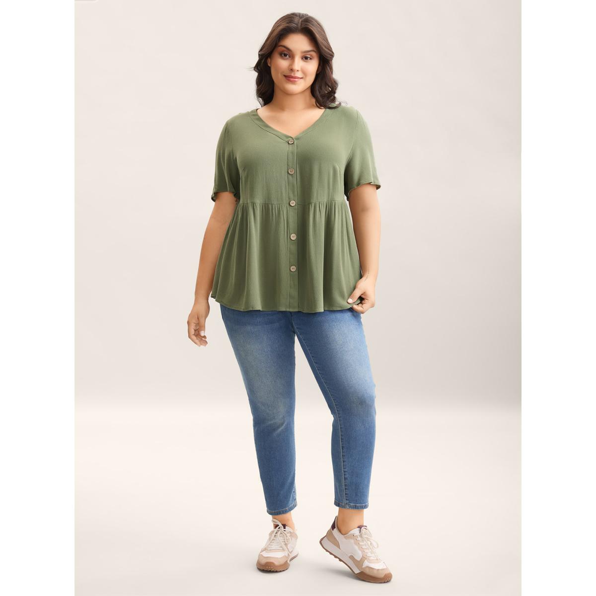 Plus Size Moss Textured Button Placket V-Neck Shirt Women Leisure Short sleeve V-neck Casual Blouses BloomChic 28/5X Product Image