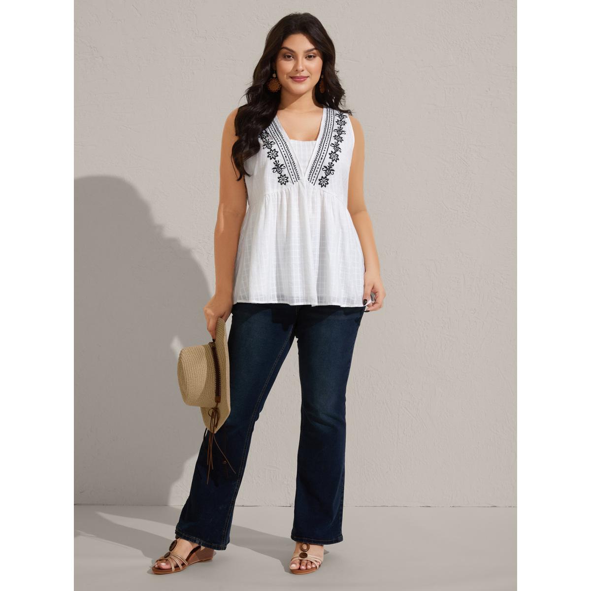 Plus Size Pure Cotton Jacquard Embroidered Tank Top Women WhiteSmoke Boho Texture Square Neck Vacation Tank Tops Camis BloomChic 30/6X Product Image