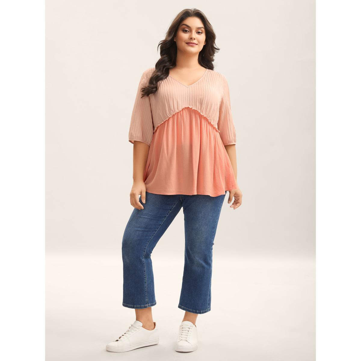 Plus Size Coral Pleated Layered Sheer Puff Sleeve Blouse Women Elbow-length sleeve V-neck Everyday-Casual Blouses BloomChic 26/4X Product Image