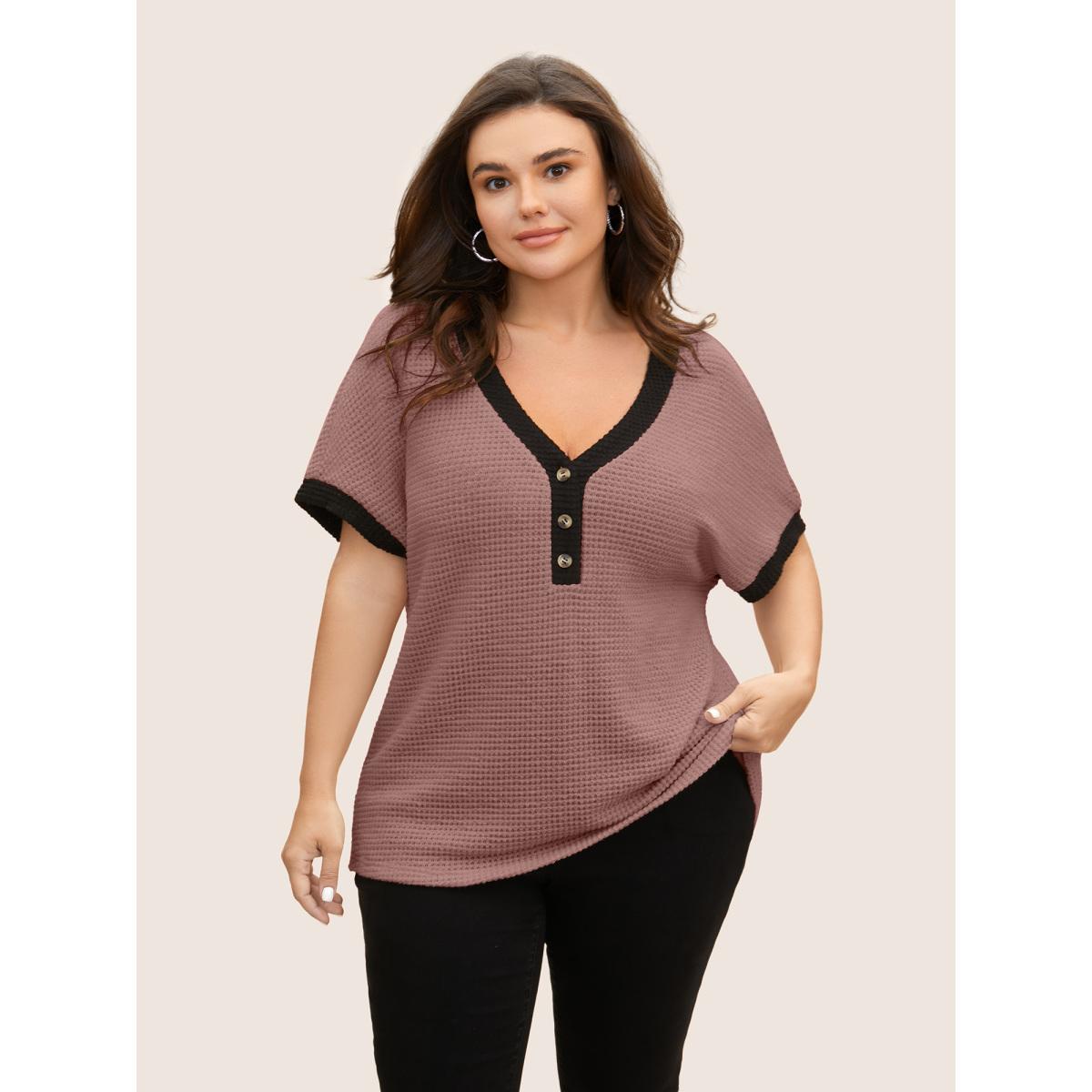 Plus Size V Neck Contrast Button Detail Knit T-shirt DustyPink Women Casual Texture V-neck Everyday T-shirts BloomChic 22-24/3X Product Image