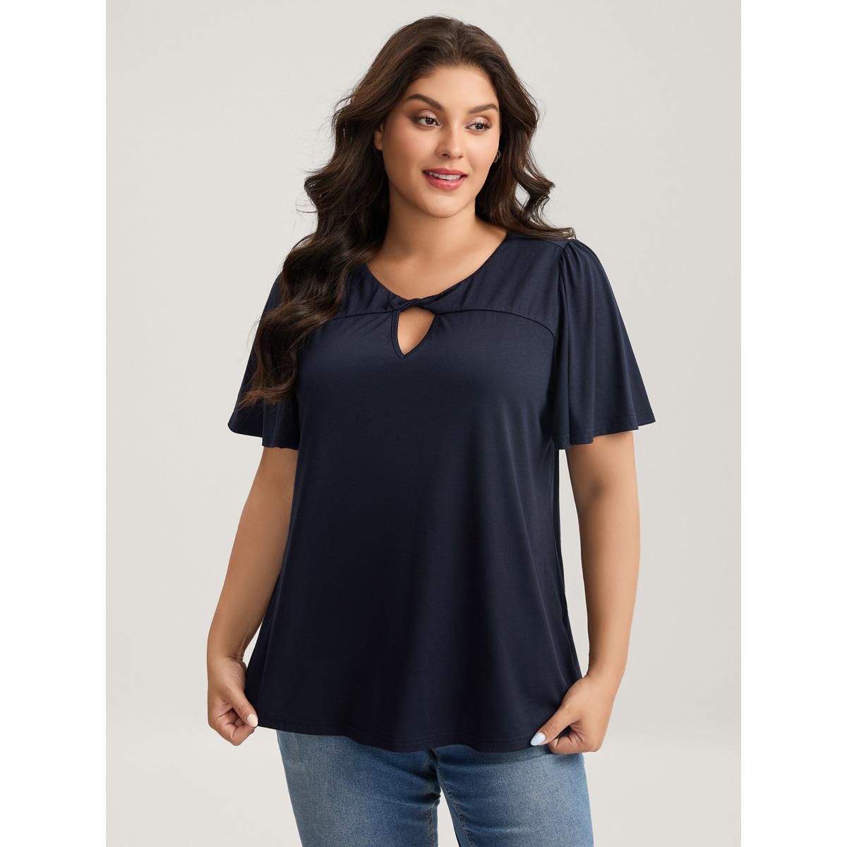 Plus Size Neck-Tie Flared Sleeve Solid T-Shirt Indigo Women Twist Round Neck Everyday-Casual T-shirts BloomChic 22-24/3X Product Image