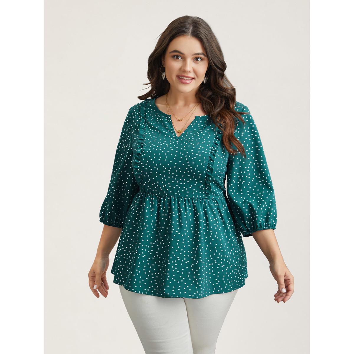 Plus Size Teal Polka Dots Ruffled Edged Stretchy-Waist Shirt Women Elegant Elbow-length sleeve Notched collar Everyday Blouses BloomChic 12/L Product Image