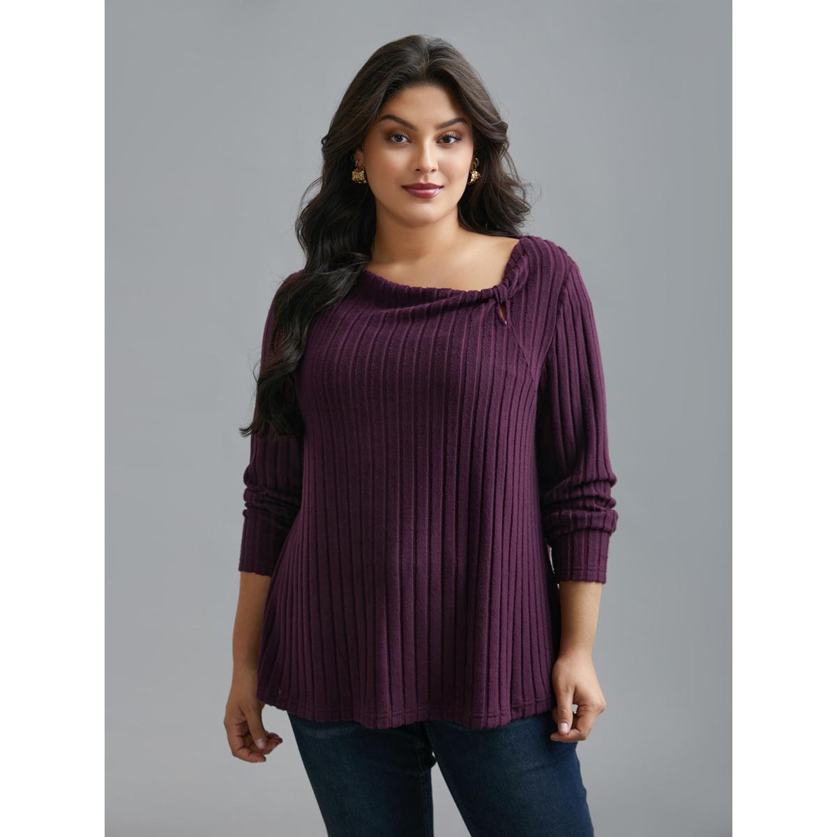 Plus Size Textured Twisted Asymmetric Neck T-Shirt Eggplant Women Elegant Twist Asymmetrical Neck Everyday T-shirts BloomChic 28/5X Product Image