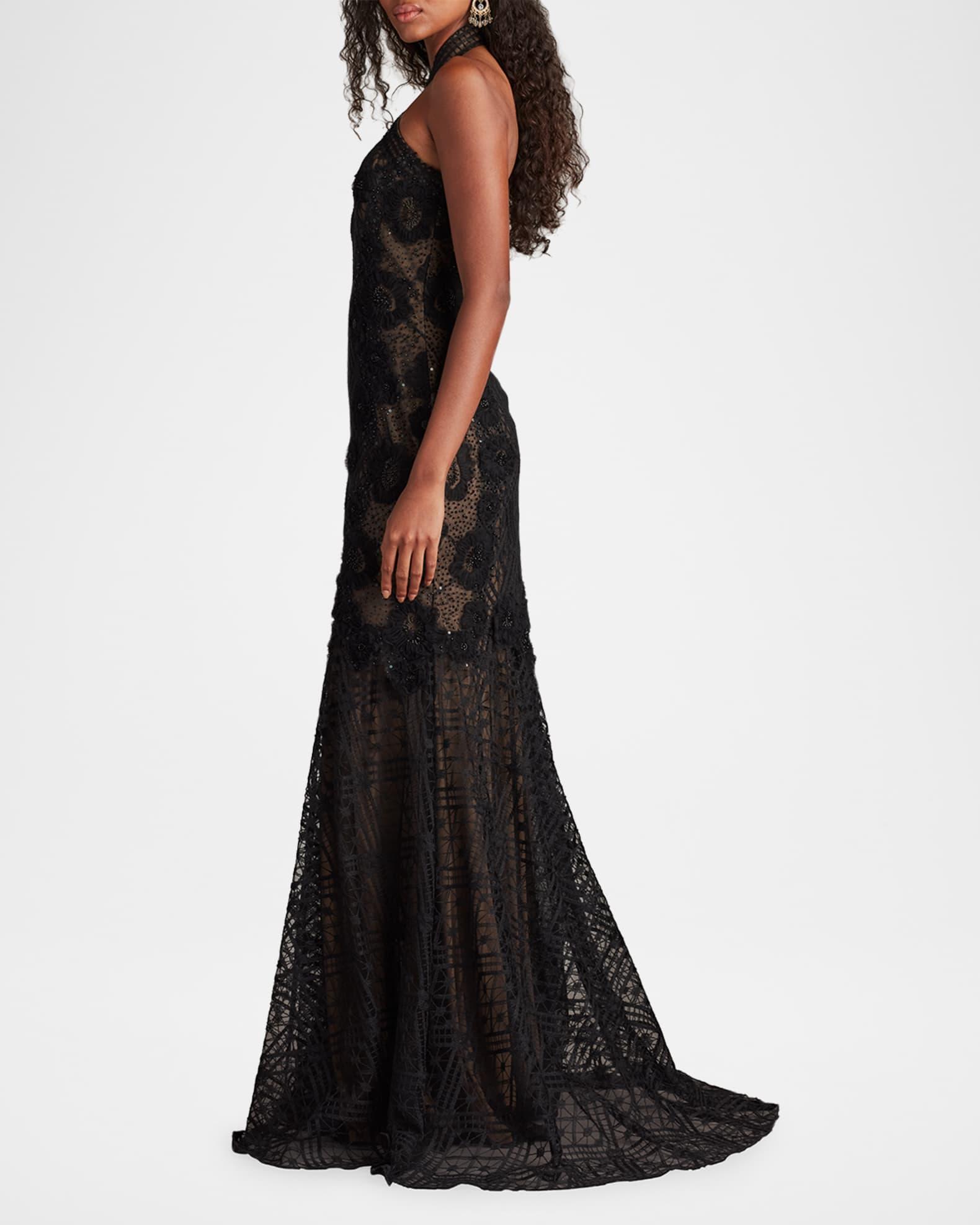 Beaded Floral Applique Lace Halter Gown Product Image