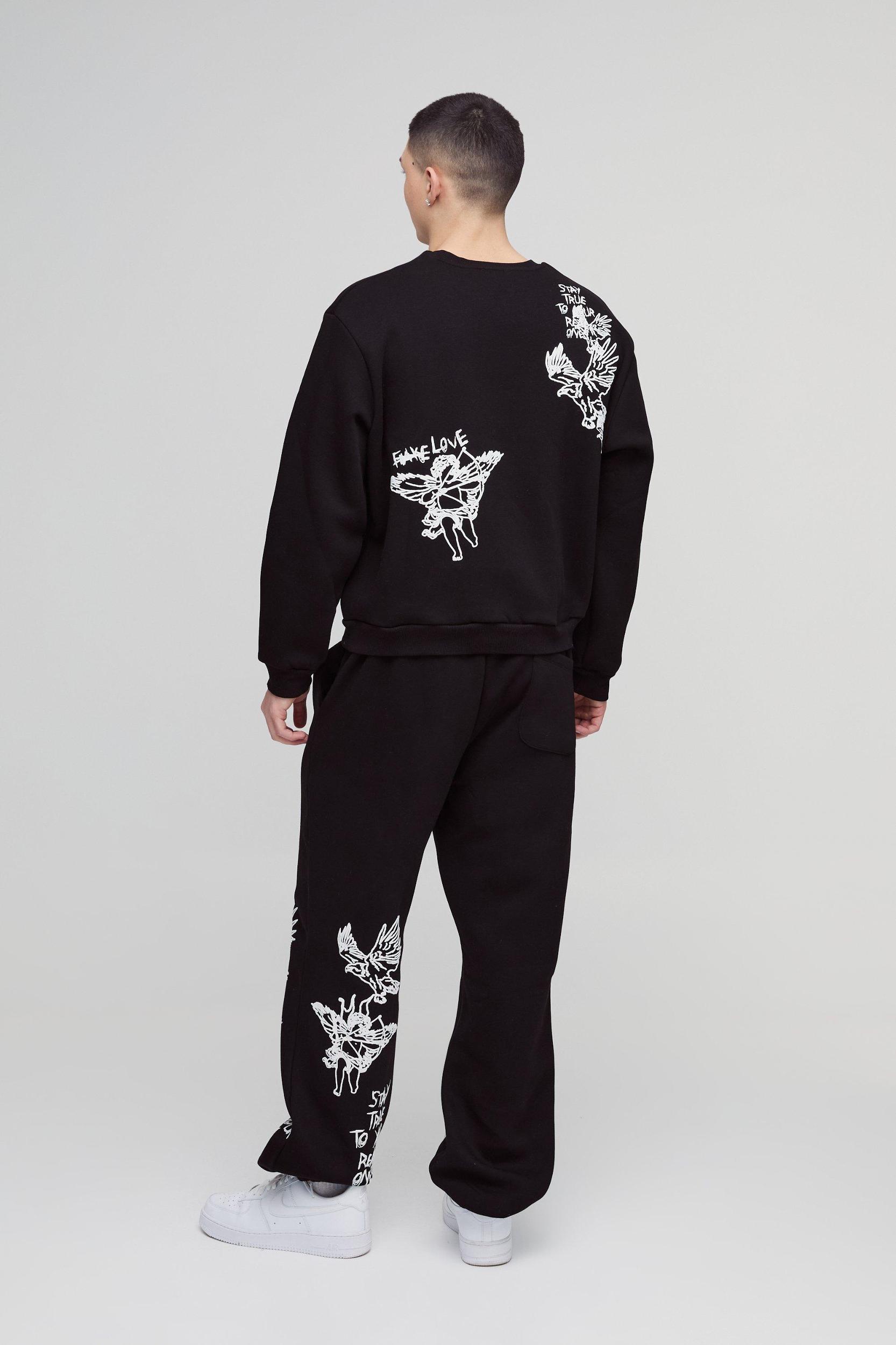 Oversized Boxy Graffiti Slogan Sweatshirt Tracksuit | boohooMAN USA Product Image