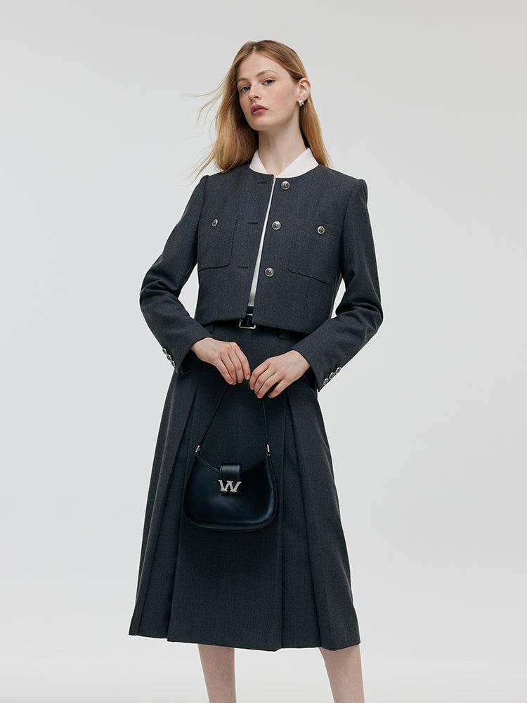 Wool Blend Crop Jacket And A-Line Skirt Two-Piece Set With Leather Bel Product Image