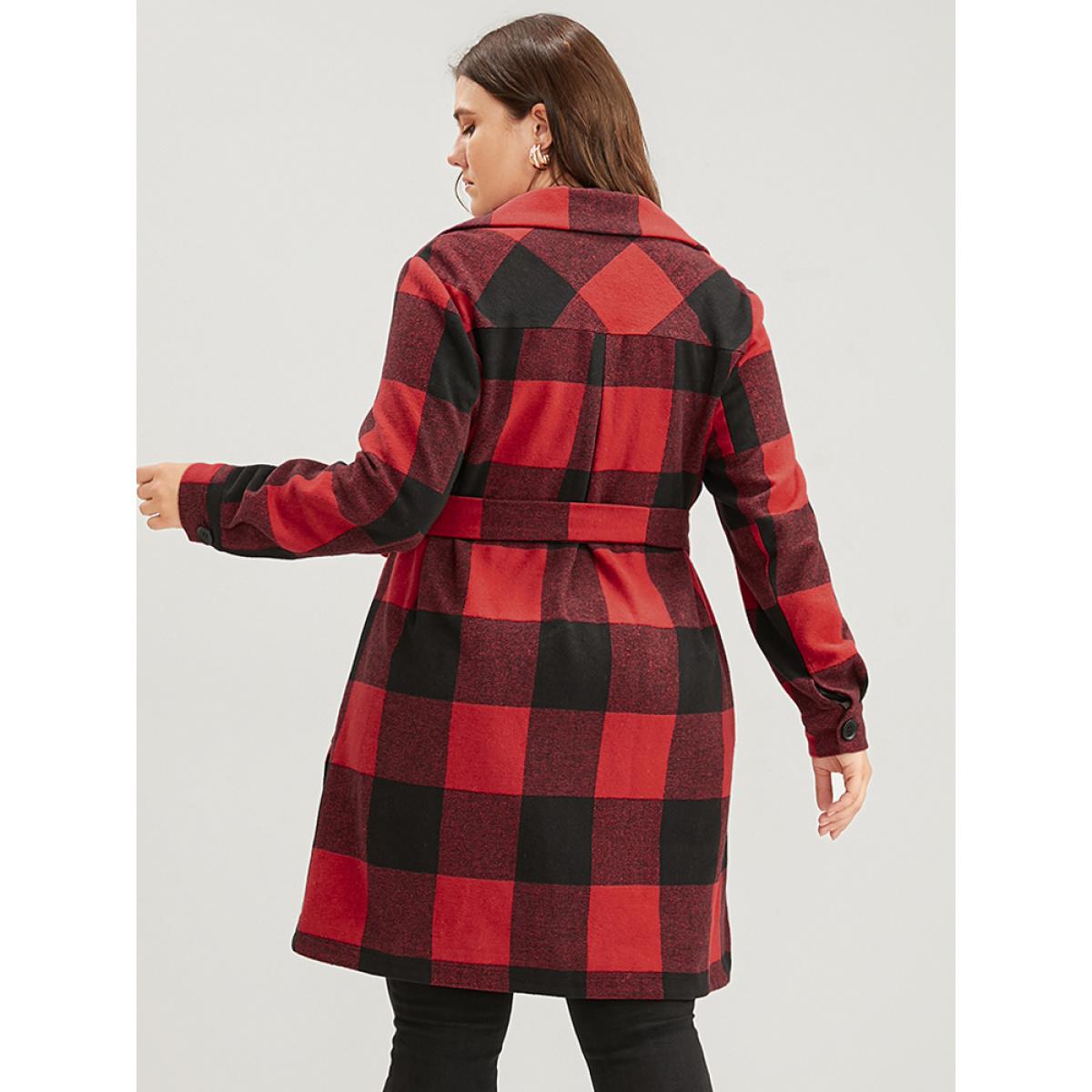 Plus Size Plaid Pocket Button Up Belted Coat Women Red Elegant Cross straps Ladies Dailywear Winter Coats BloomChic 26/4X Product Image