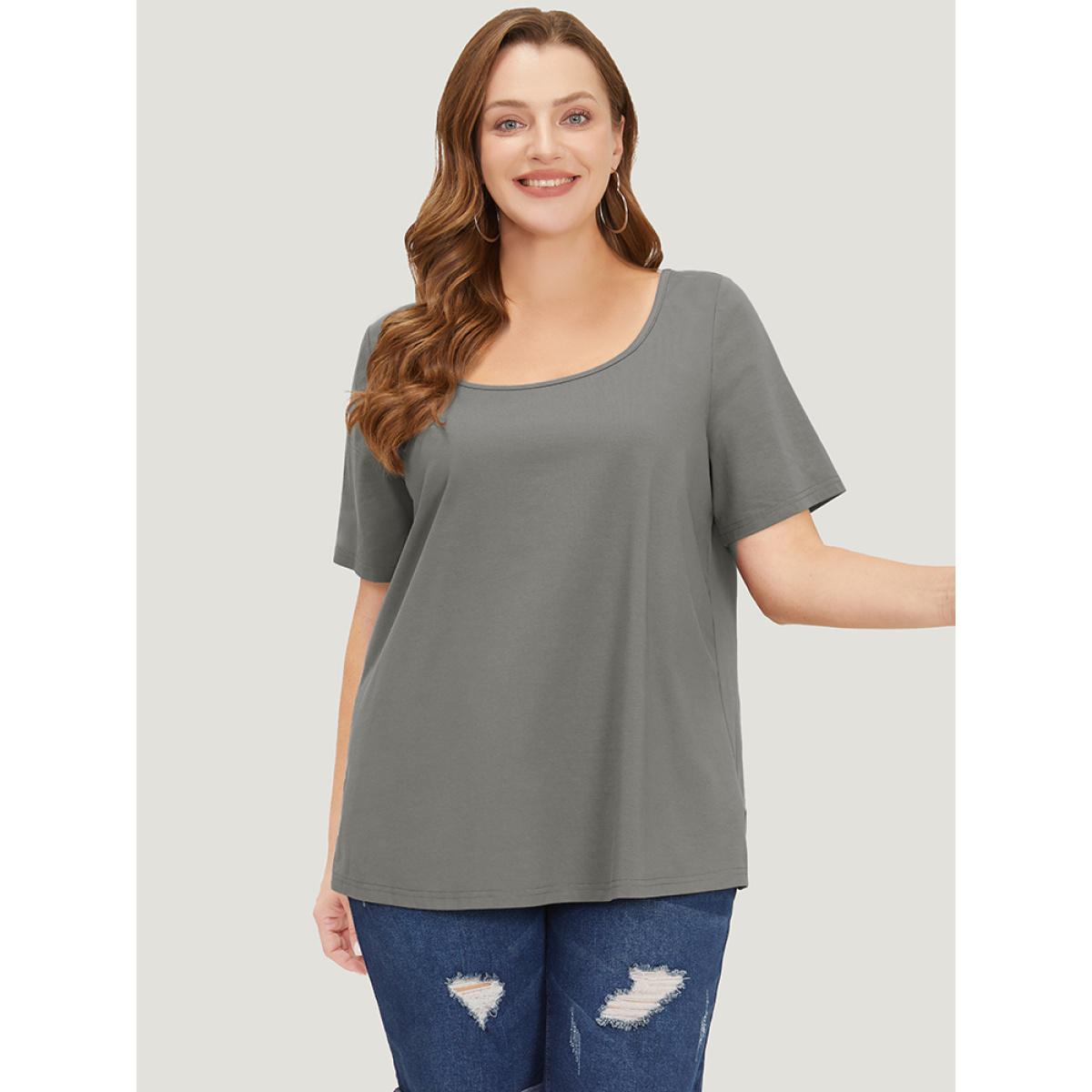 Plus Size UltraCool Plain Short Sleeve Scoop Neck T-shirt DimGray Women Basics Plain Scoop Neck Dailywear T-shirts BloomChic 10/M Product Image
