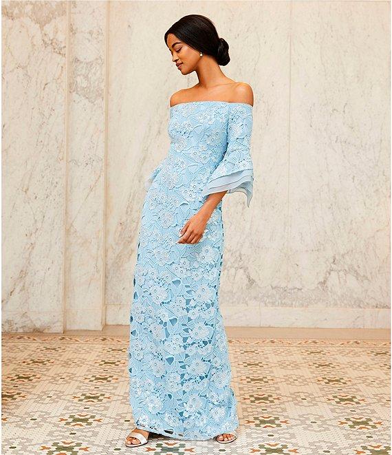 Adrianna Papell Sequin Lace Off-The-Shoulder Neck 3/4 Flutter Sleeve Column Gown Product Image
