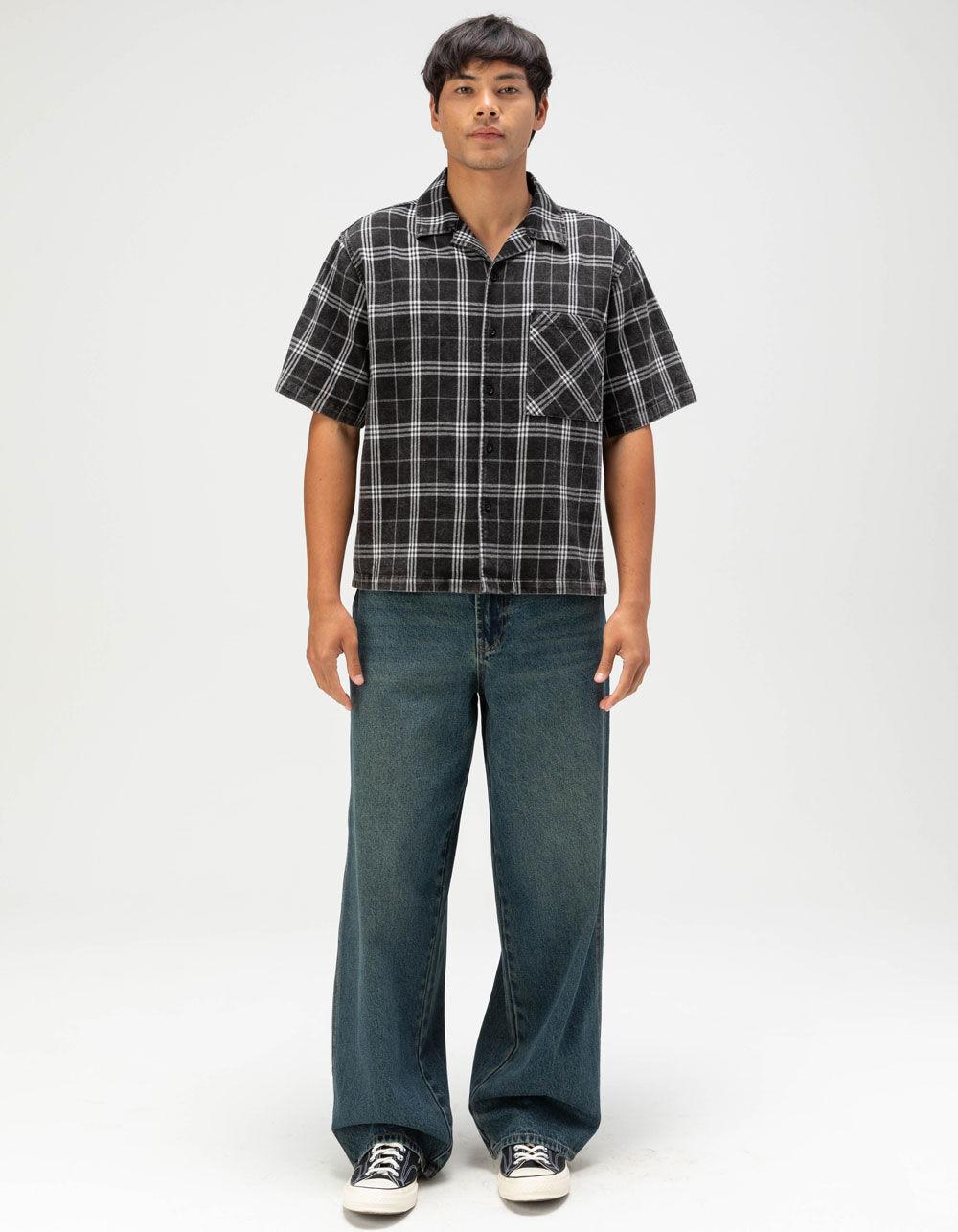 RSQ Mens Washed Plaid Button Up Shirt - BLACK Product Image