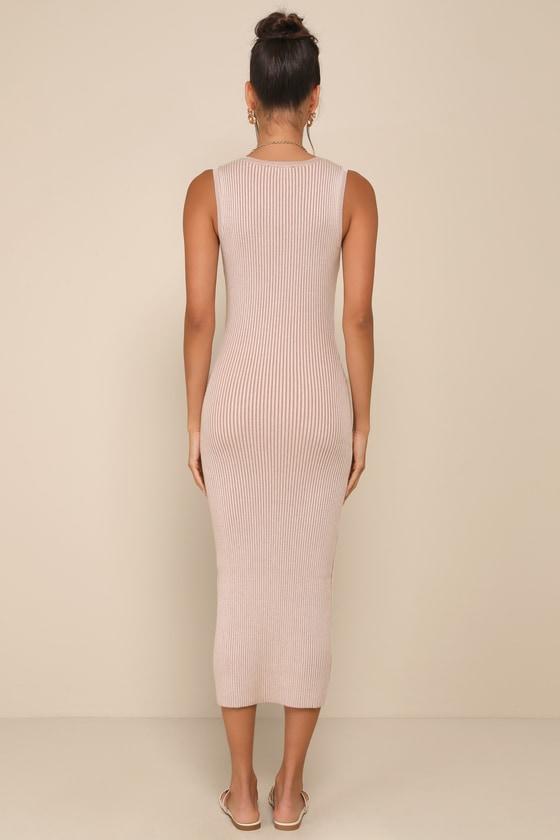 Positively Sophisticated Taupe Button-Front Midi Sweater Dress Product Image