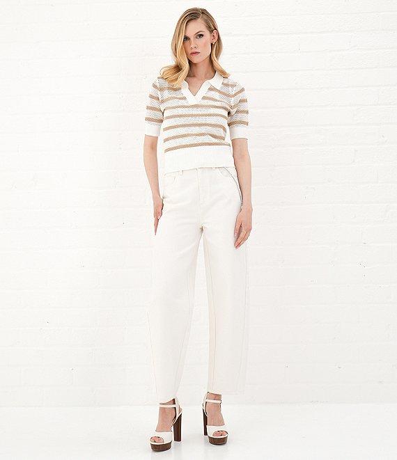 Le' AL.X Stripe Knit Wide Mesh Polo Collar V-Neck Short Rugby Top Product Image