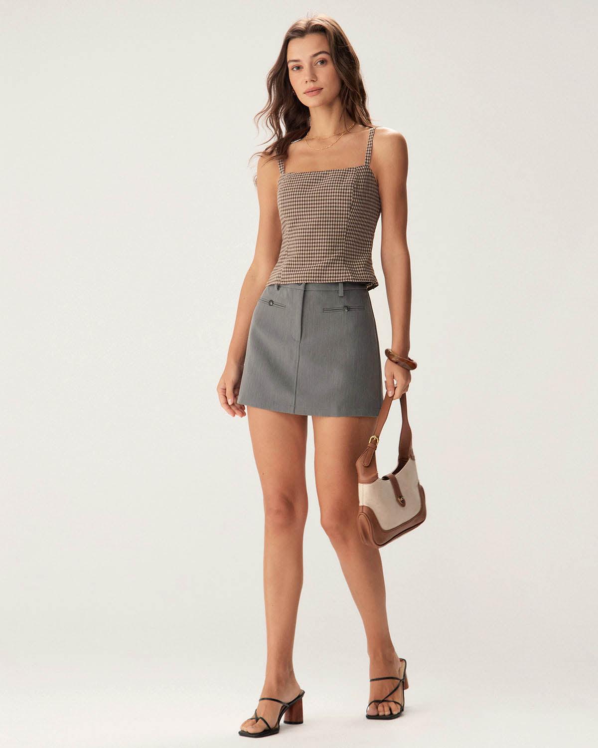 Brown Plaid Shirred Cami Top Product Image