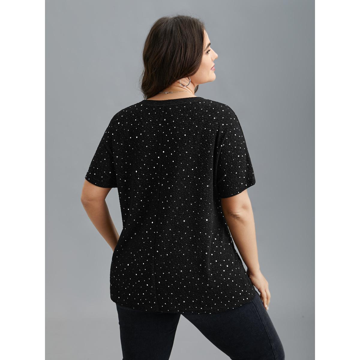 Plus Size V-Neck Sequin Textured T-Shirt Black Women Casual Rhinestone detailing V-neck Everyday T-shirts BloomChic 14-16/1X Product Image