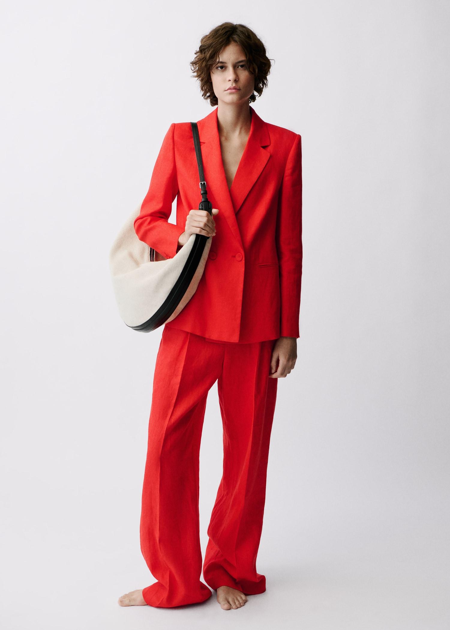 Double-breasted linen suit blazer - Women | MANGO USA Product Image