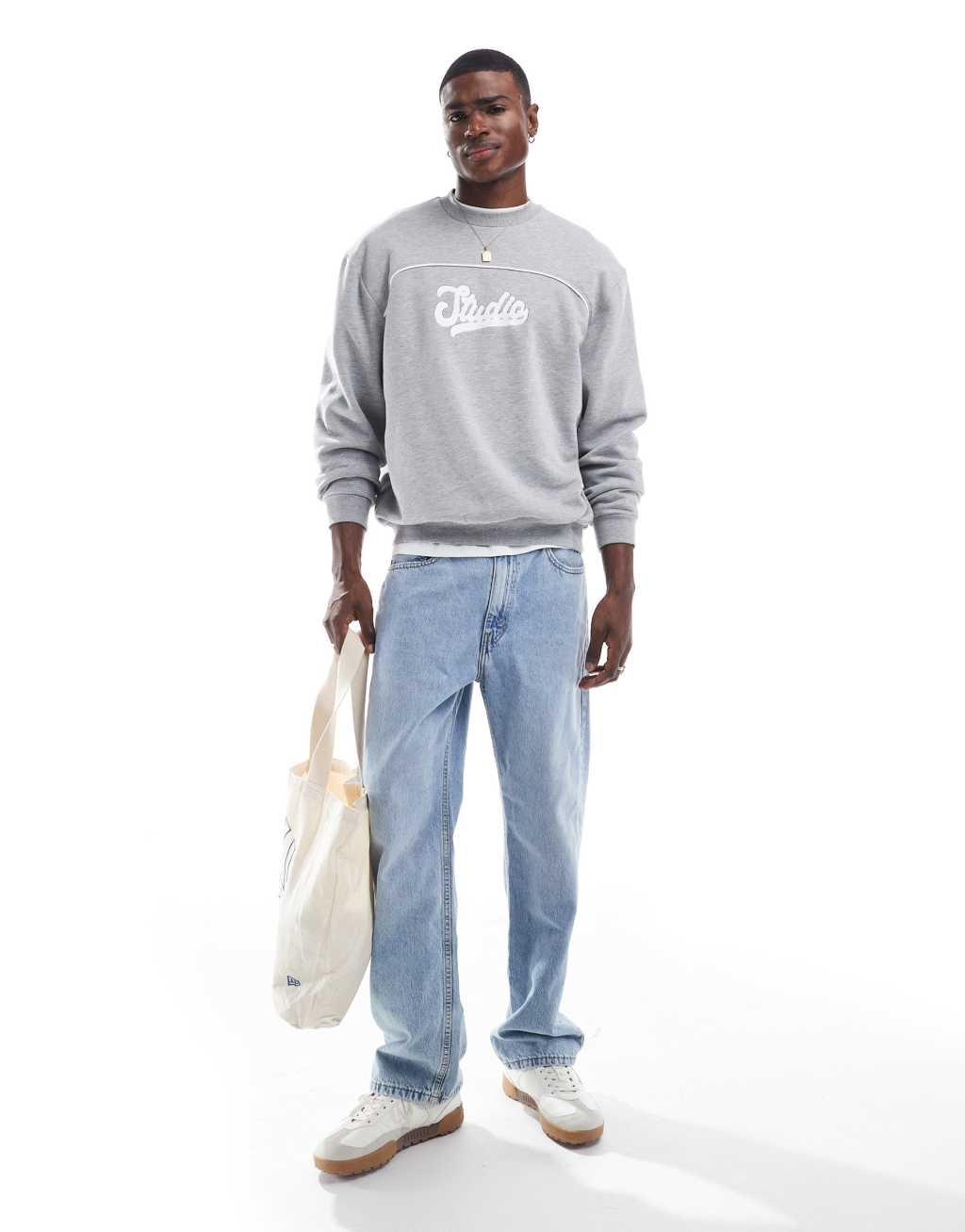 ASOS DESIGN oversized sweatshirt with chest print and piping in gray heather Product Image