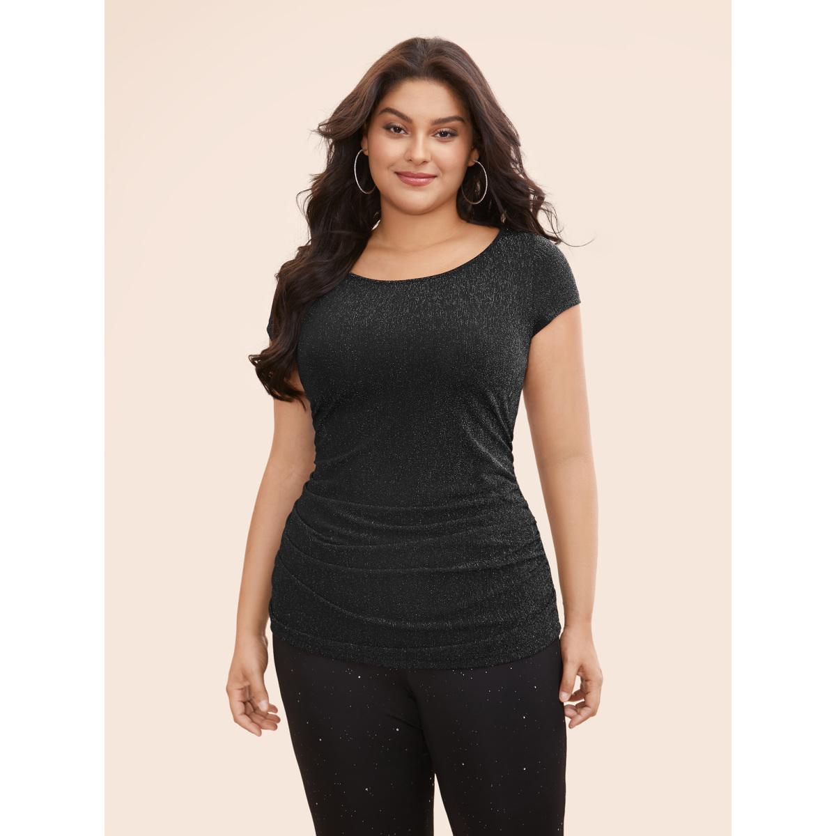 Plus Size Glitter Textured Boat Neck Slim-Fit T-Shirt Black Women Elegant Gathered Boat Neck Skinny Everyday T-shirts BloomChic 14-16/1X Product Image