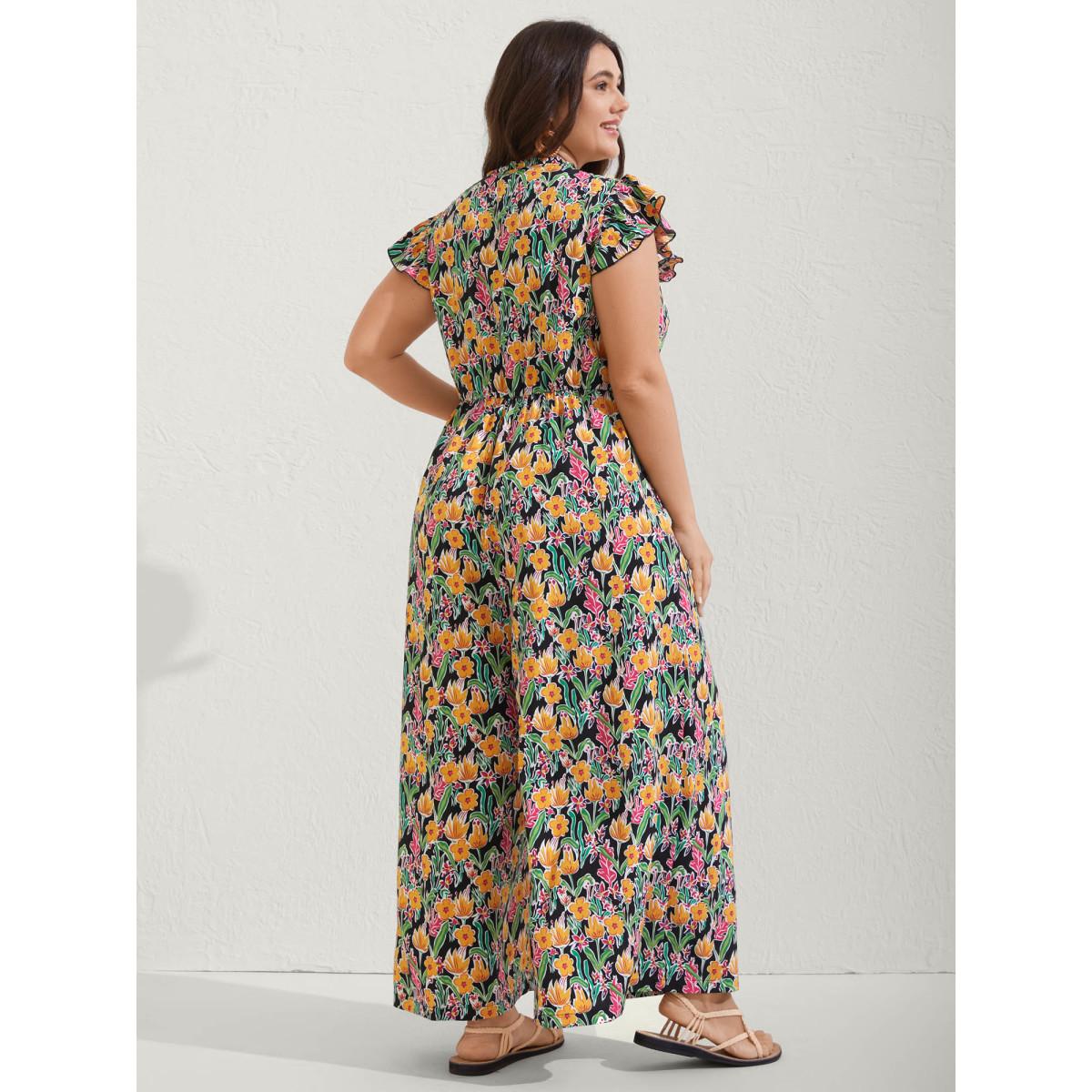 Plus Size BlackFlower Sunkissed Floral Print Button Wide-Leg Jumpsuit Women Resort Cap Sleeve Notched collar Vacation Loose Jumpsuits BloomChic 30/6X Product Image