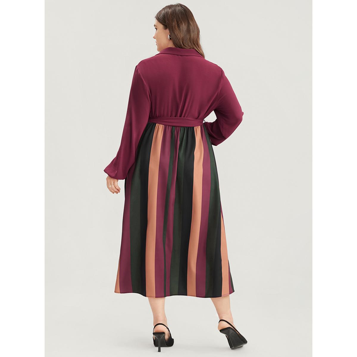 Plus Size Solid Patchwork Wrap Pocket Lantern Sleeve Belted Striped Dress Multicolor Women Office Patchwork V-neck Long Sleeve Curvy Midi Dress BloomChic 10/M Product Image