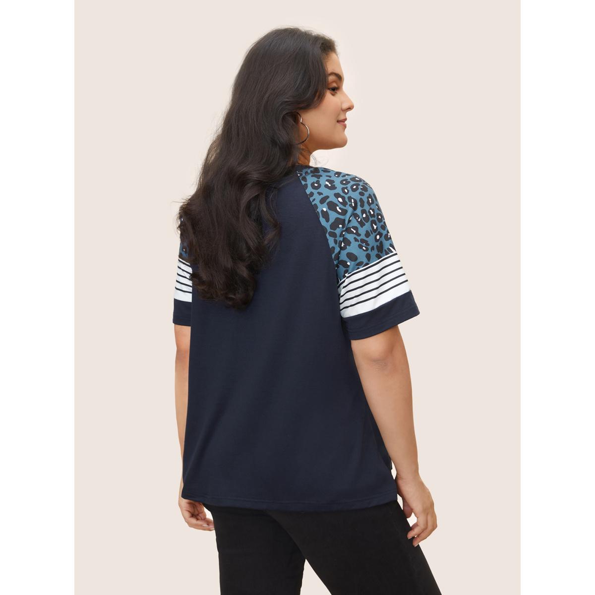 Plus Size Stripes Leopard Patchwork Raglan Sleeve T-shirt Midnight Women Casual Contrast Round Neck Everyday T-shirts BloomChic 26/4X Product Image