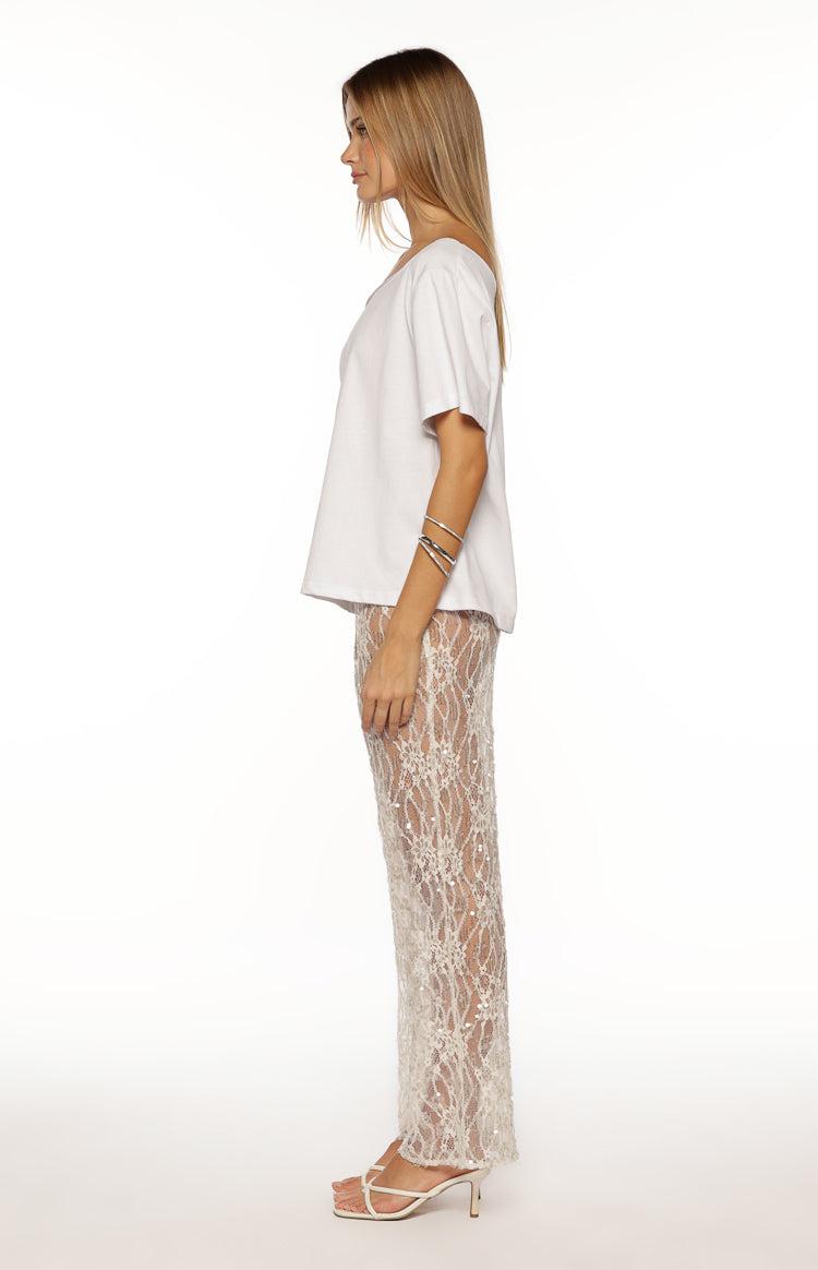 Dani White Sequin Lace Sheer Pants Product Image