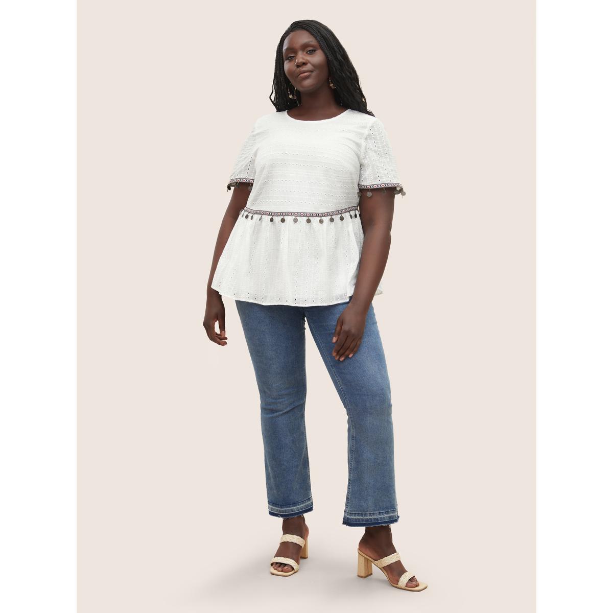 Plus Size White Broderie Anglaise Patchwork Tassel Trim Blouse Women Resort Short sleeve Round Neck Vacation Blouses BloomChic 10/M Product Image
