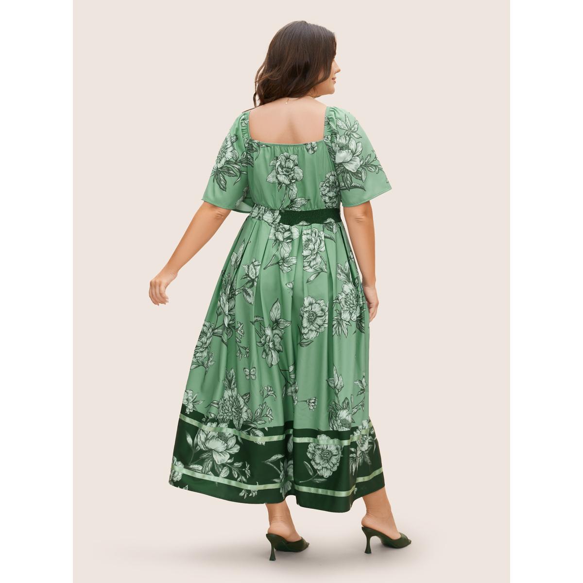 Plus Size Boho Print Heart Neckline Ruffle Sleeve Maxi Dress Emerald Women Romantic Woven ribbon&lace trim Square Neck Short sleeve Curvy BloomChic 22-24/3X Product Image