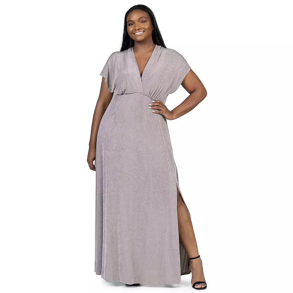 Plus Size 24Seven Comfort Apparel Flutter Sleeve Metallic Knit Maxi Dress Front Slit Empire Waist, Women's, Size: 3XL, Black Product Image