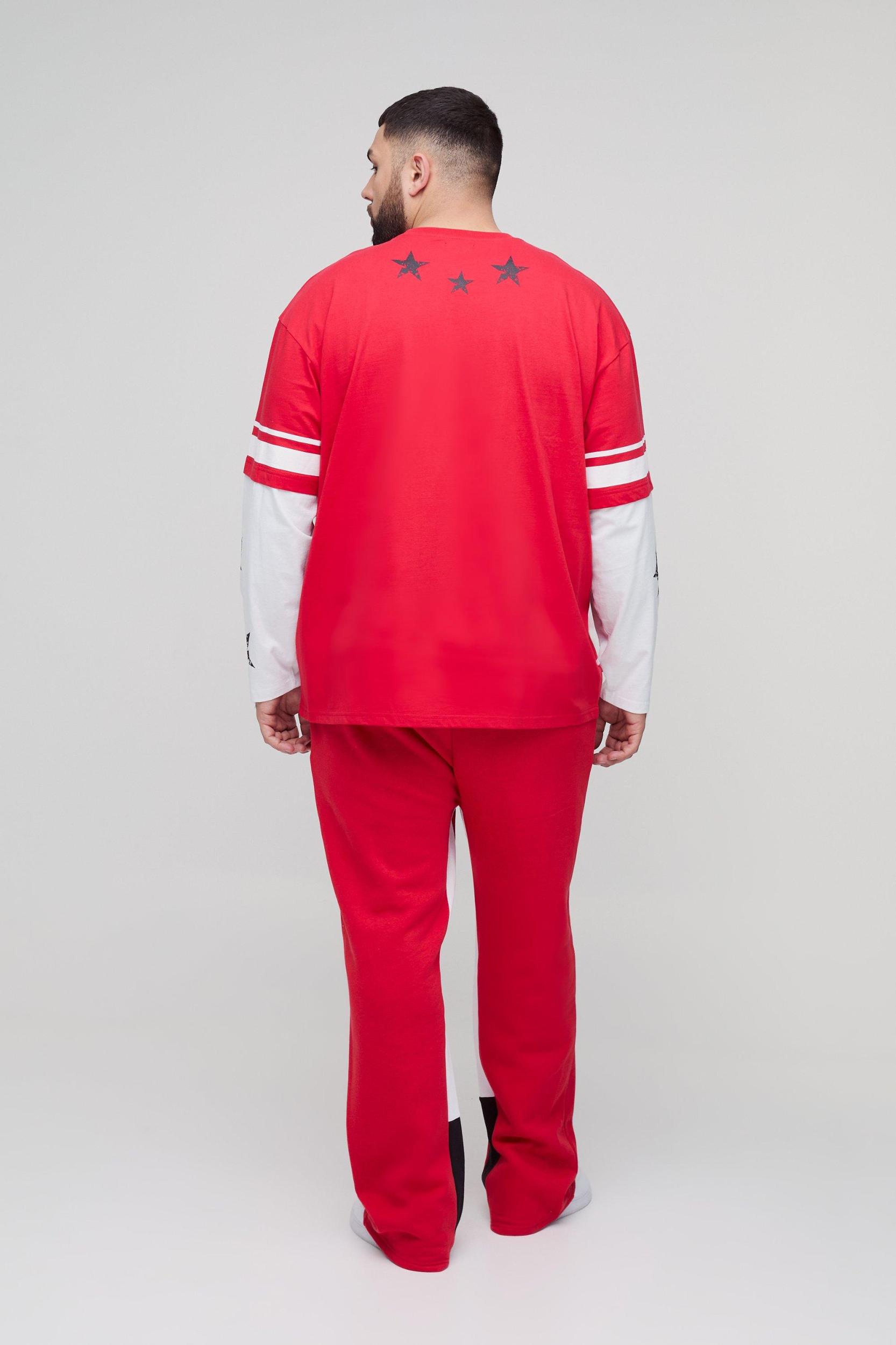 Plus Limited Print Oversized Faux Layer T-shirt sand Gusset Sweatpants Set | boohooMAN USA Product Image