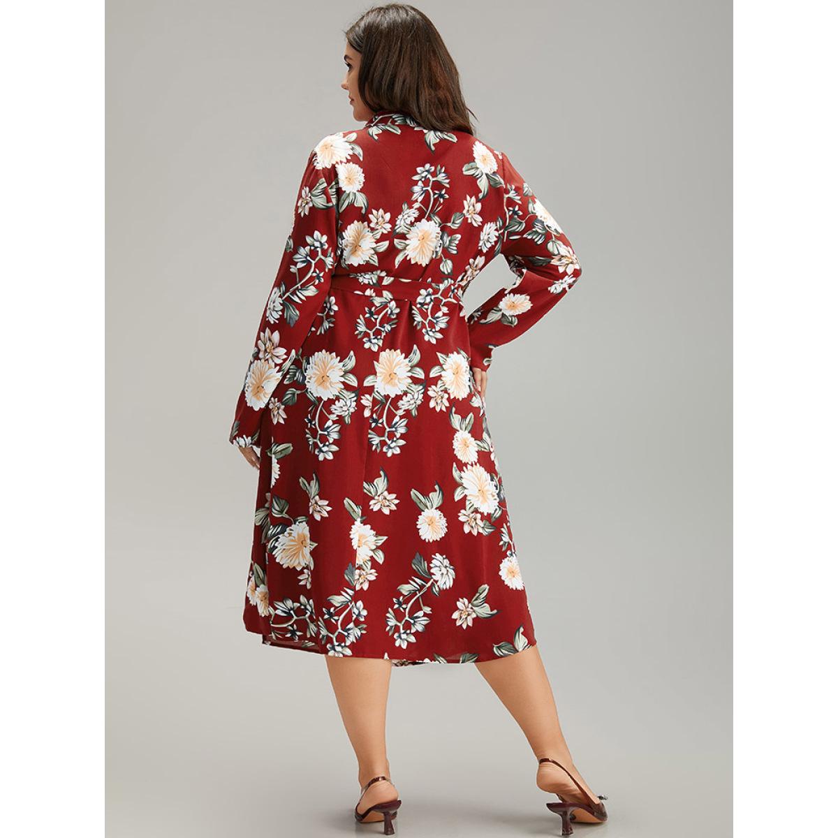 Plus Size Floral Print Knotted Shirt Collar Dress Scarlet Women Elegant Printed V-neck Long Sleeve Curvy Midi Dress BloomChic 22-24/3X Product Image