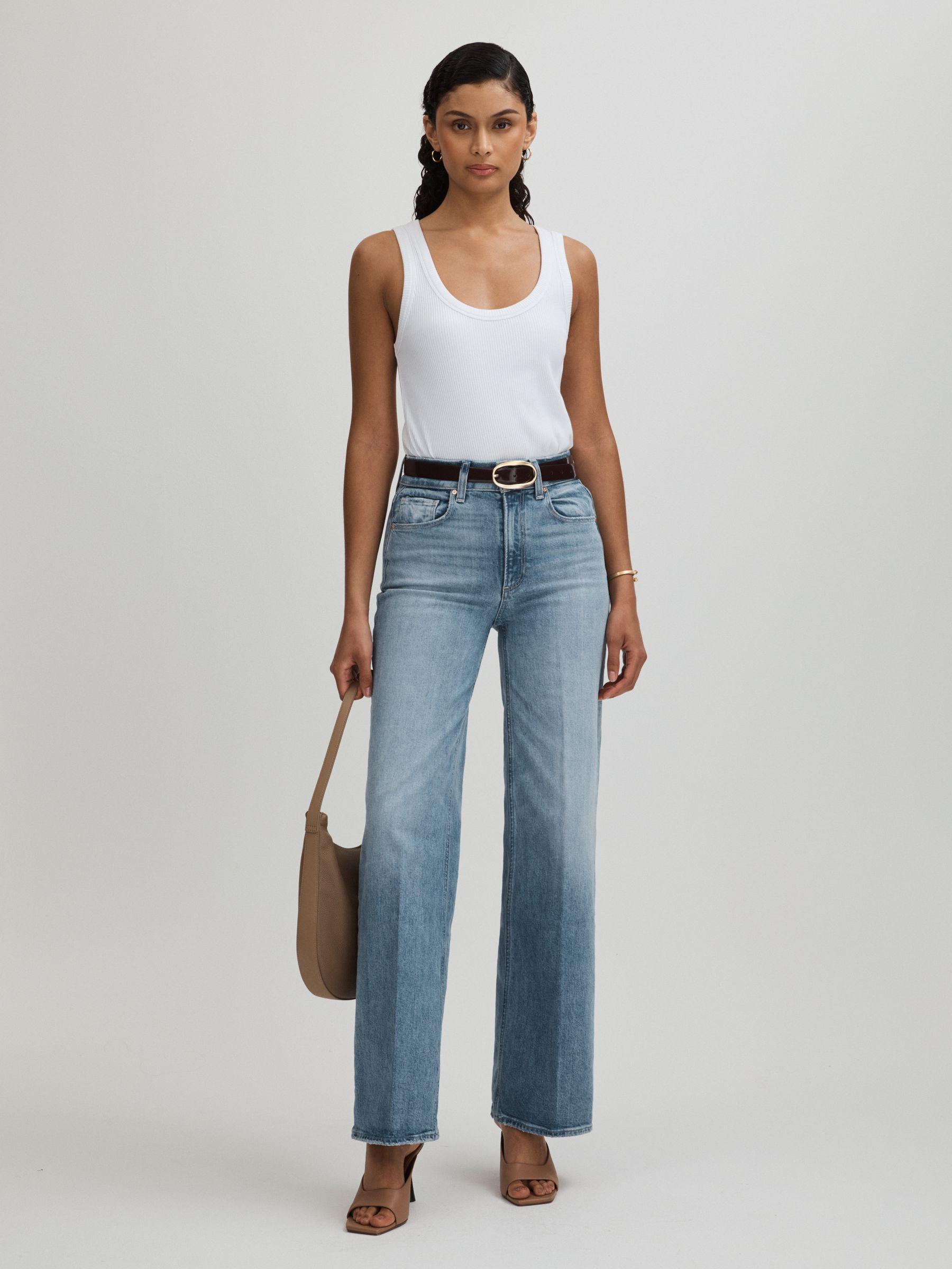 Sasha 32In Magnifique Blue Paige Wide Leg Distressed Jeans Product Image