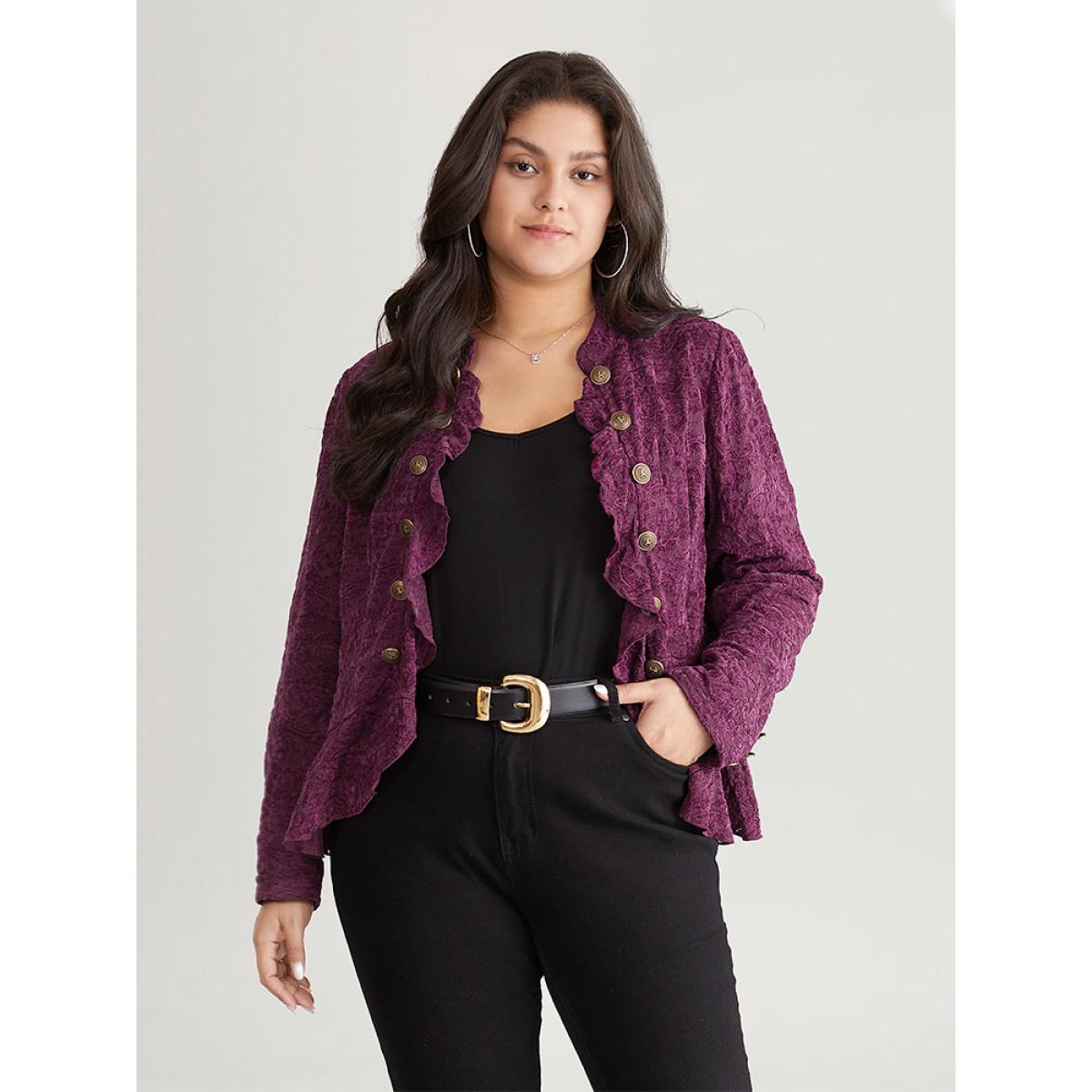 Plus Size Guipure Lace Ruffle Trim Buckle Detail Jacket Women Purple Plain Dailywear Jackets BloomChic 26/4X Product Image