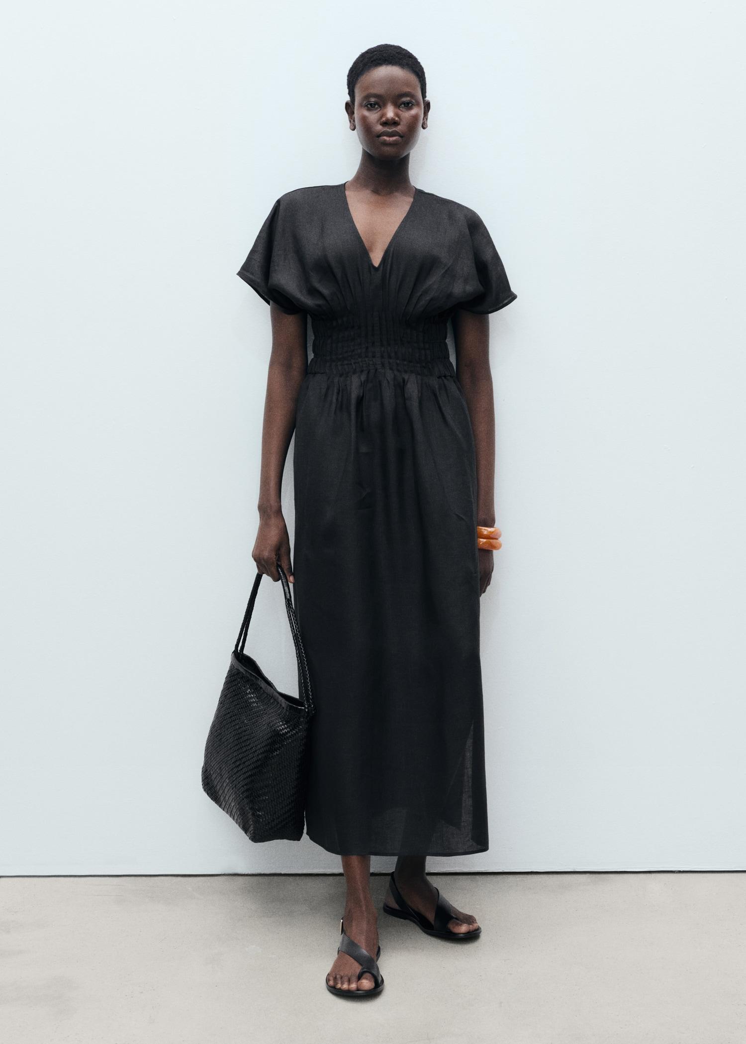 Long linen dress with gathered panel - Women | MANGO USA Product Image