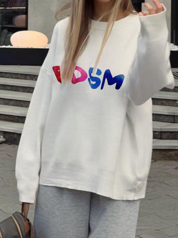 Contrast Color Letter Jacquard Crew Neck Sweater Product Image