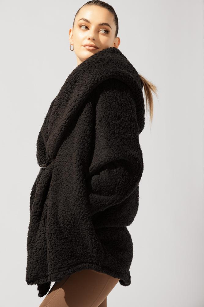 Faux Sherpa Cocoon Coat - Black Product Image