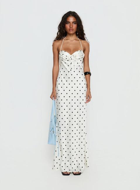 Costella Halter Satin Maxi Dress Cream Polka Dot Product Image