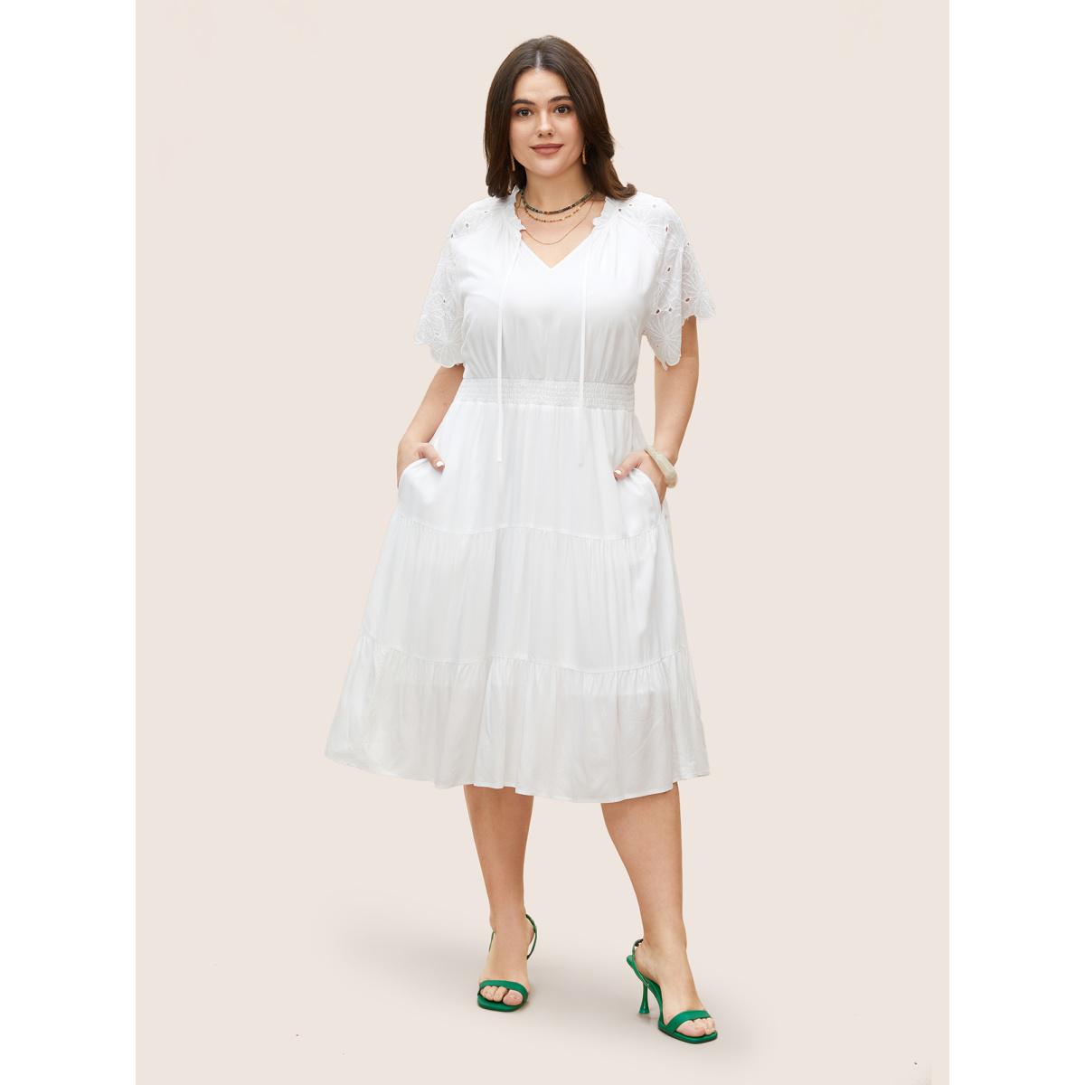 Plus Size Notched Collar Raglan Sleeve Ruffle Layered Hem Dress White Women Resort Tie knot Notched collar Short sleeve Curvy Midi Dress BloomChic 26/4X Product Image