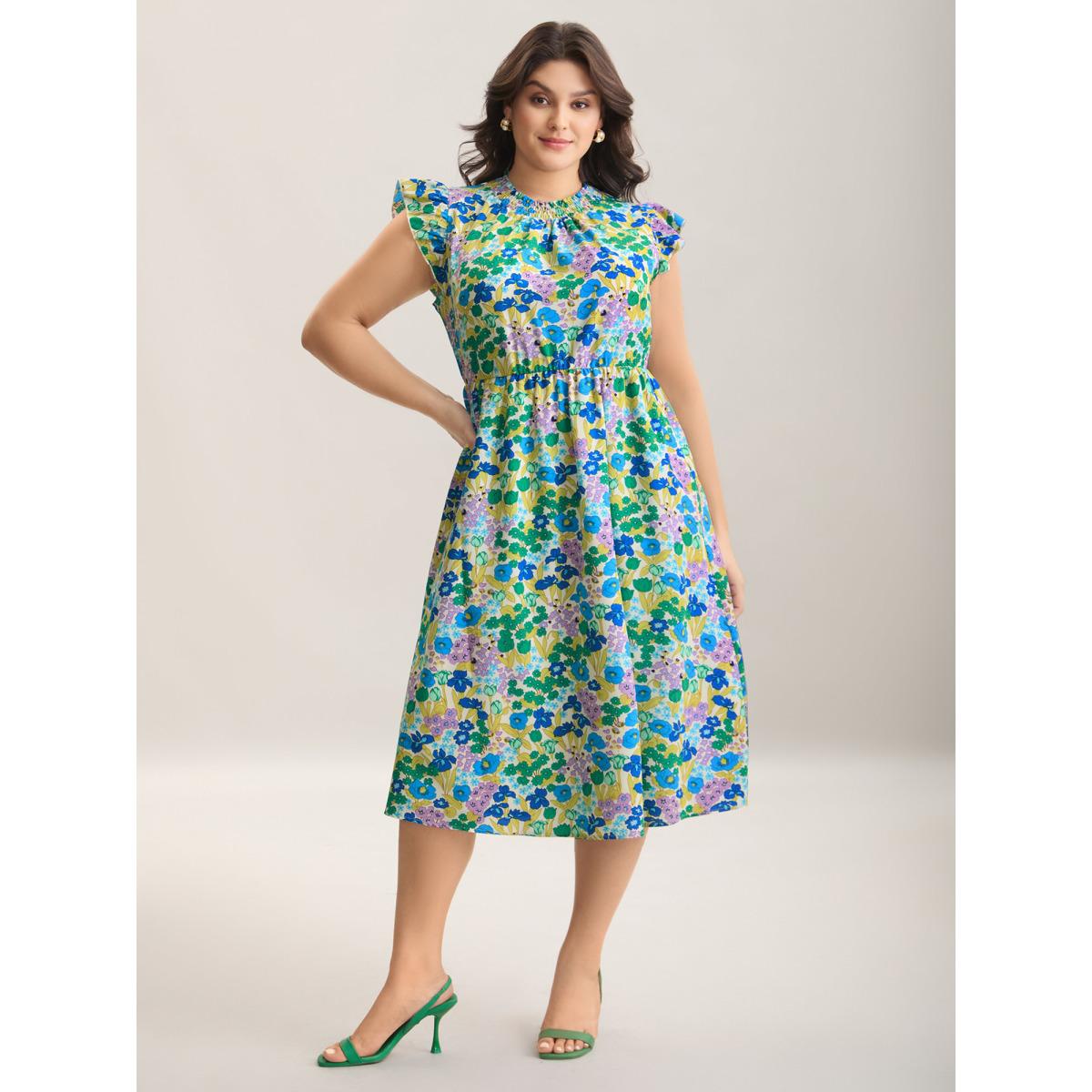 Plus Size Floral Print Shirred Pockets Midi Dress Cerulean Women Romantic Frill Trim Mock Neck Cap Sleeve Curvy BloomChic 28/5X Product Image