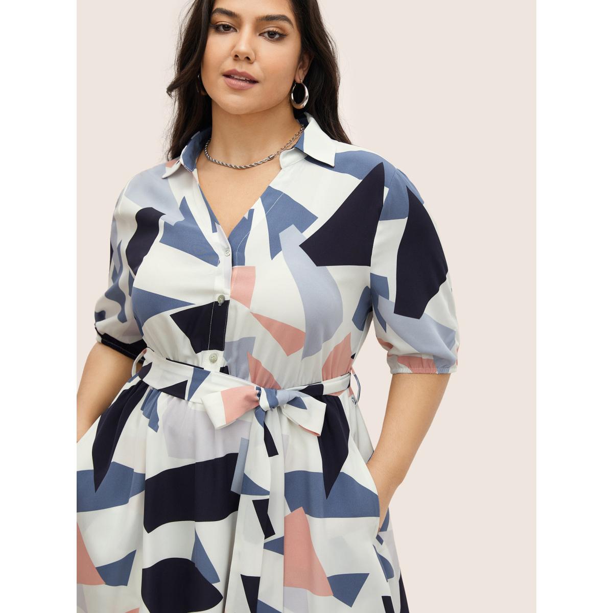 Plus Size Geometric Polo Neck Button Up Belted Dress Beige Women At the Office Belted Shirt collar Short sleeve Curvy Midi Dress BloomChic 10/M Product Image