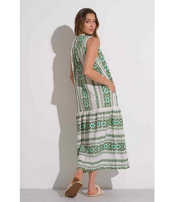 ELAN Geometric Print Tassel Split V-Neck Sleeveless Midi Dress Product Image