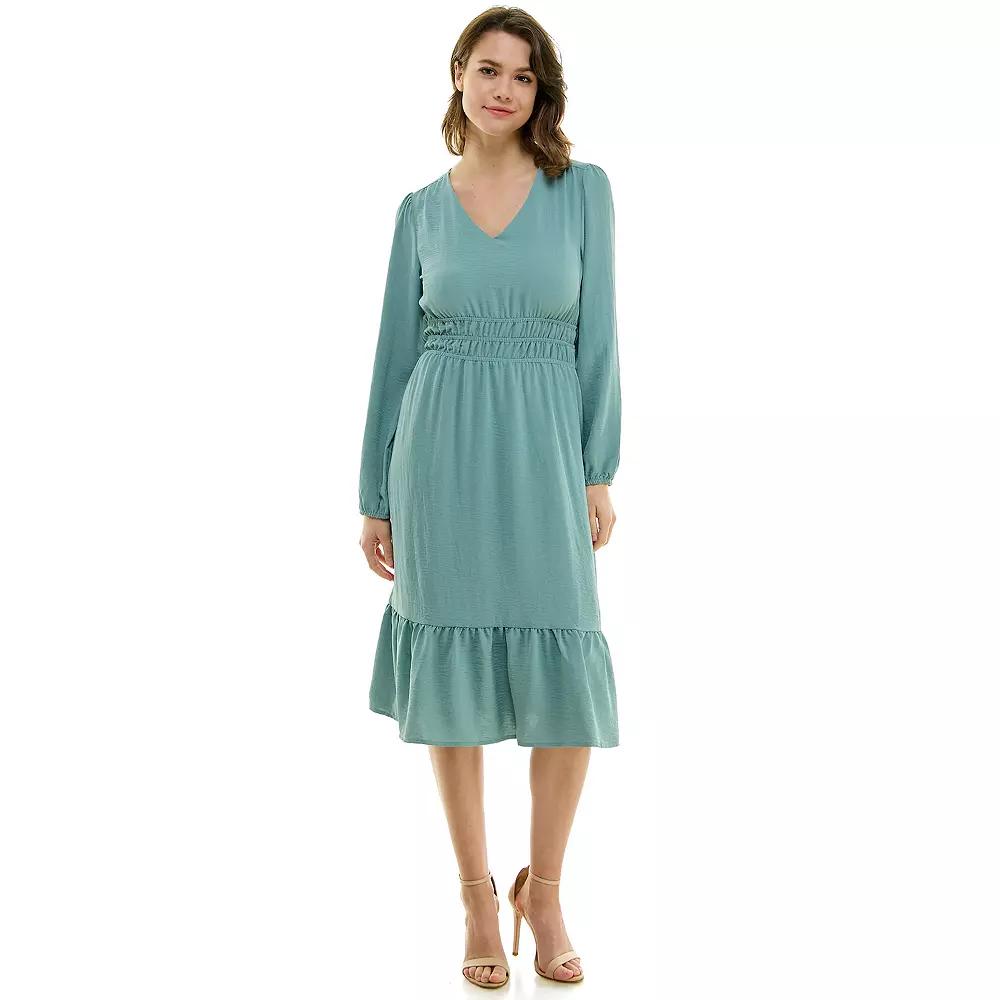 Women's Luxology Smocked Waist V Neck Midi Dress, Size: Medium, Blue Product Image