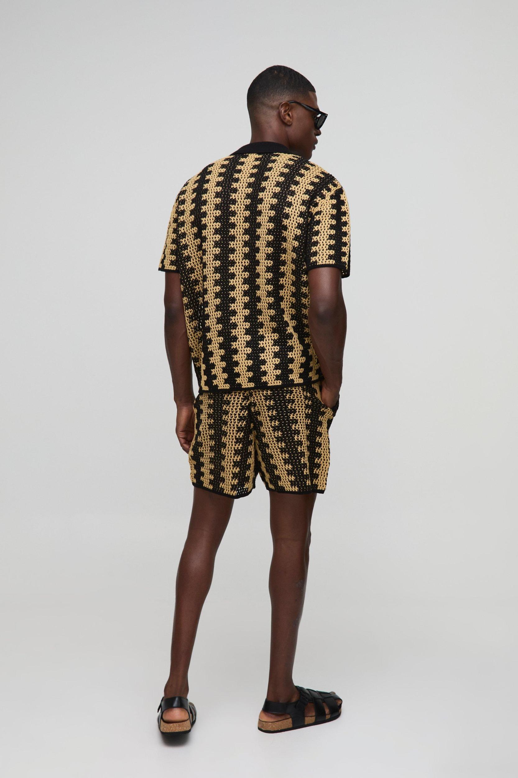 Oversized Boxy Crochet Look Stripe Shorts Knitted Polo Set | boohooMAN USA Product Image