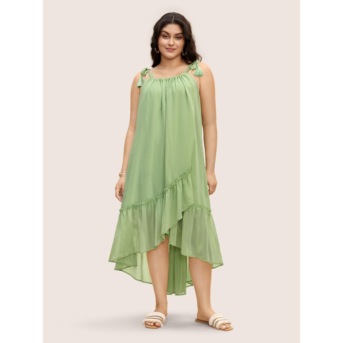 Plus Size Solid Ruffles Tie Knot Tassel Trim Mesh Dress Palemauve Women Resort Tie knot Non Sleeveless Curvy BloomChic 10/M Product Image