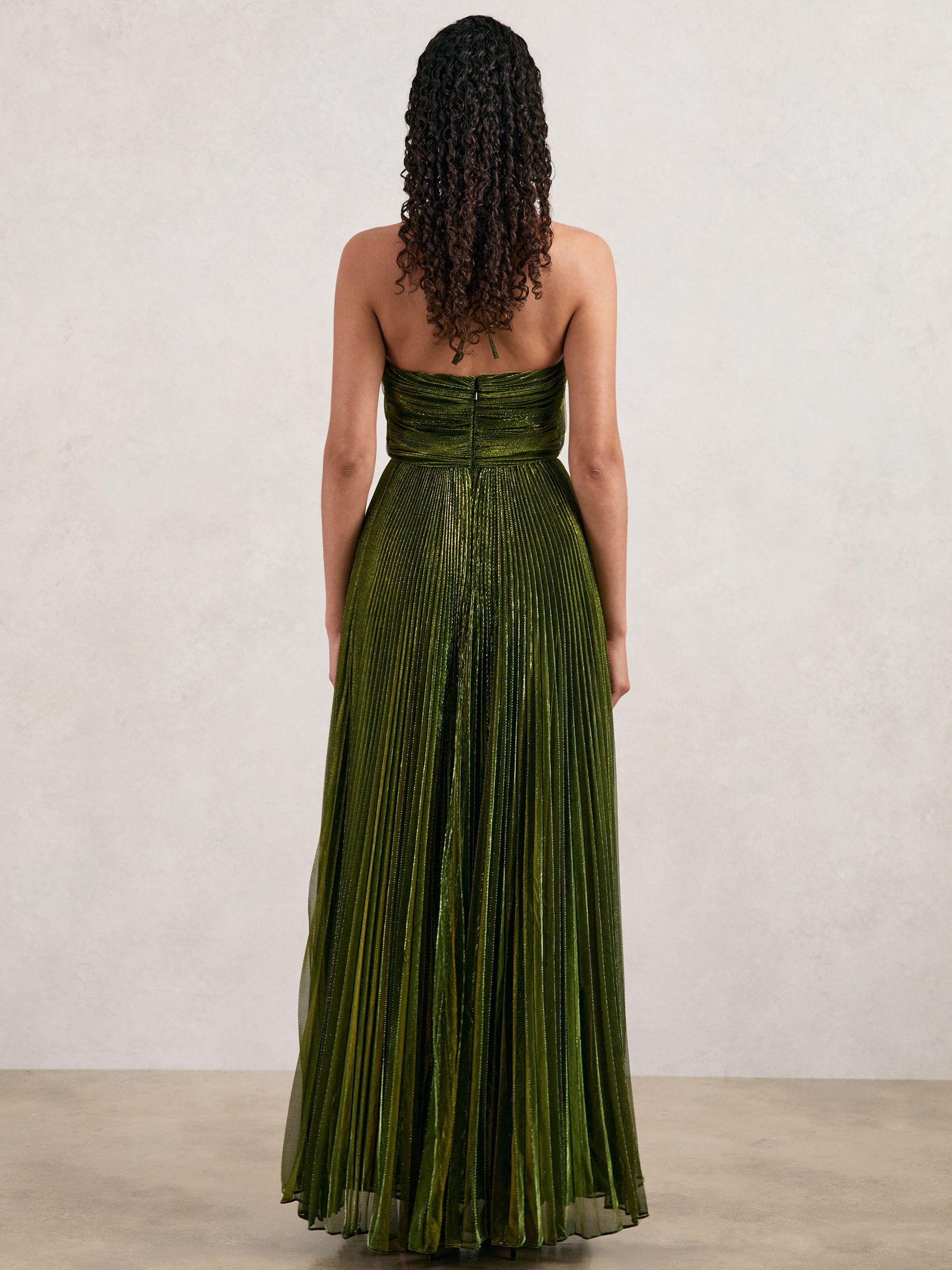 Halston Metallic Pleated Maxi Dress in Dark Olive Green Product Image
