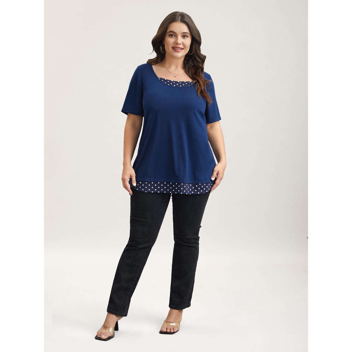 Plus Size Mixed Fabric Polka Dots Patchwork T-Shirt Indigo Women Casual Contrast Round Neck Everyday T-shirts BloomChic 30/6X Product Image